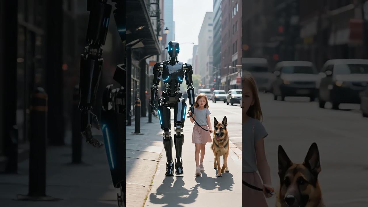 人間型ロボットと少女が街を歩く – 産業自動化の未来を体感